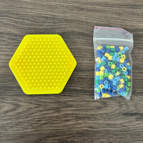 Perler Fuse Bead Peg Board Hexagon with Blue Green Yellow Beads Pegboard - Picture 1 of 1